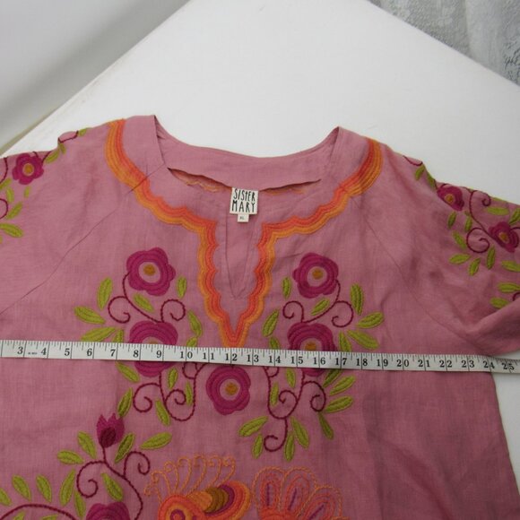Sister Mary Linen Popover Blouse Pink Floral Embroidered Bird Mexican Style Top - Picture 6 of 7